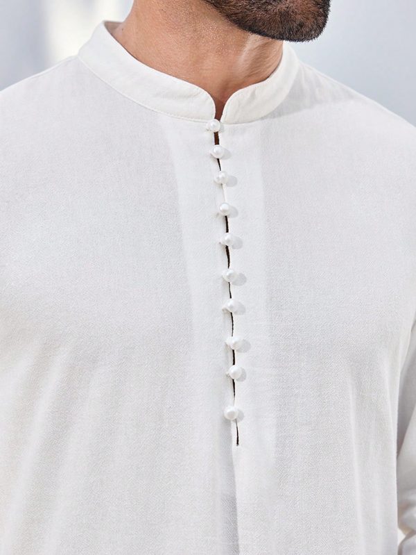 Men's White Stand Collar Partial Button Front Long Sleeve Shirt