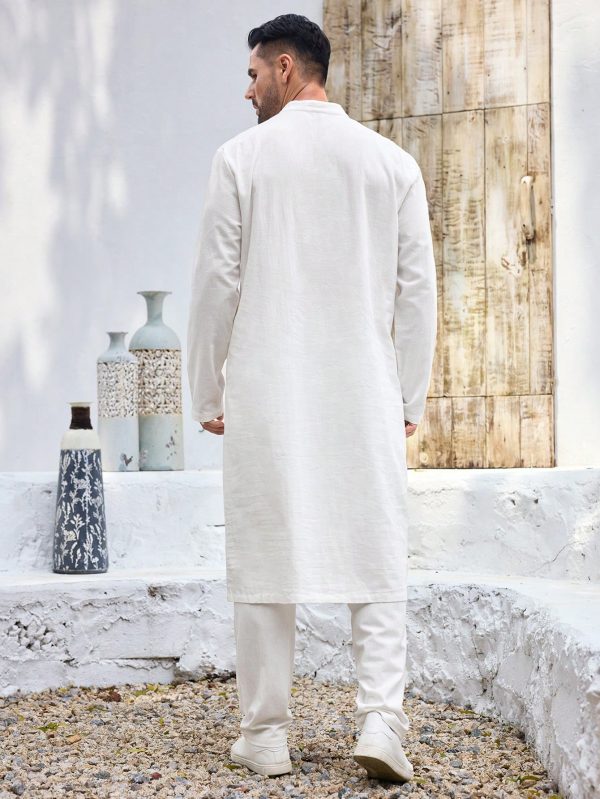 Men's White Stand Collar Partial Button Front Long Sleeve Shirt