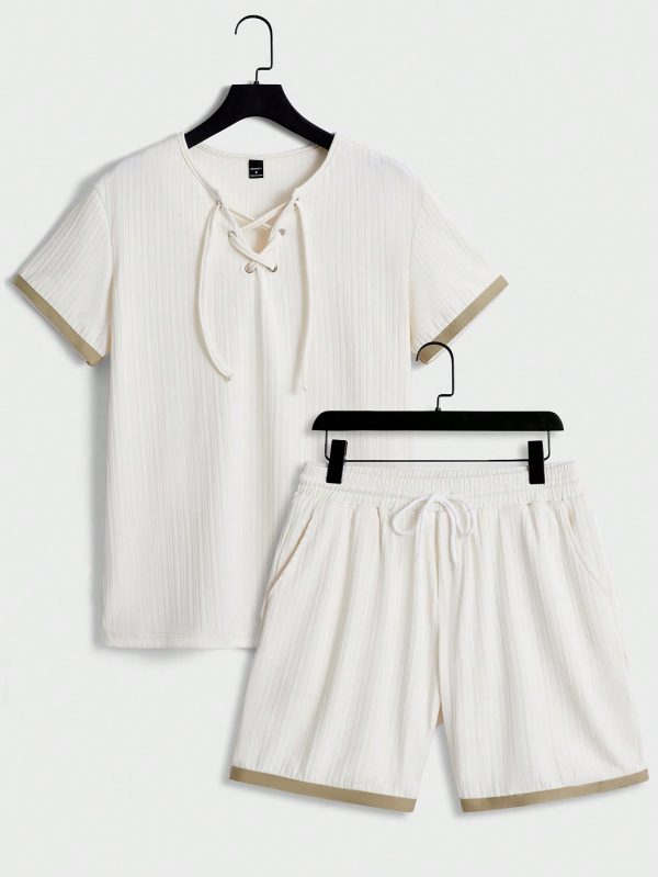 Men Contrast Trim Lace Up Front Tee & Shorts