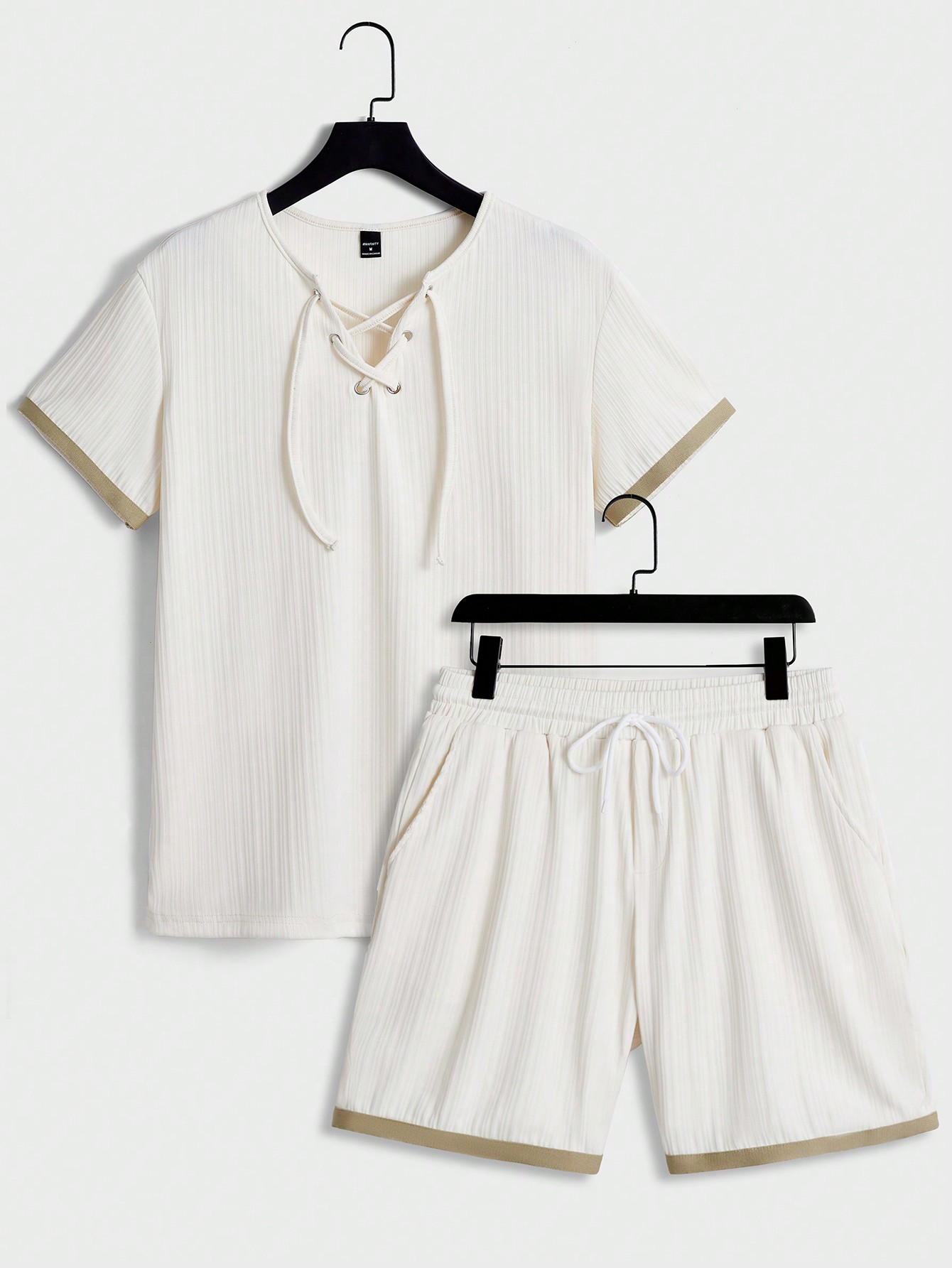 Men Contrast Trim Lace Up Front Tee & Shorts