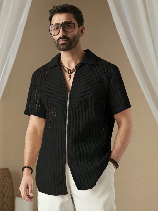Men's Summer Solid Color Zip-Up Casual Short Sleeve Shirt