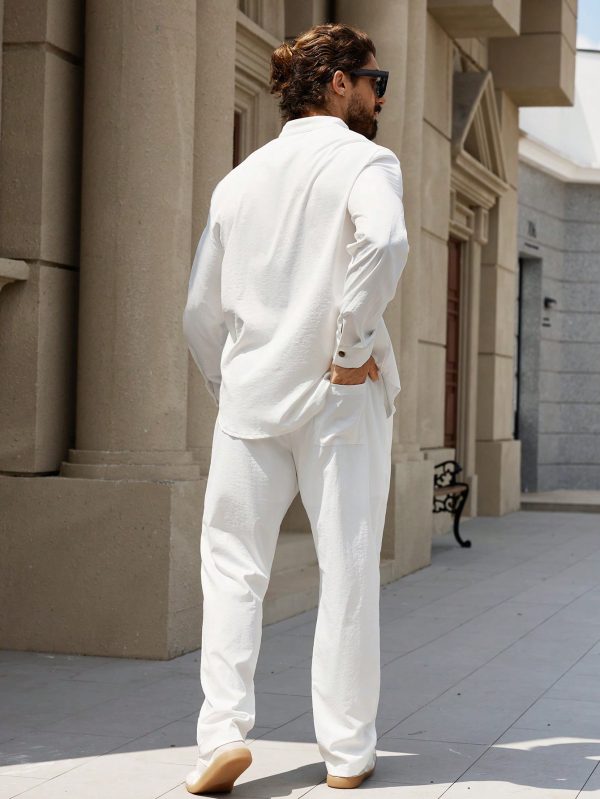 Men's Solid Color Button-Up Shirt And Pants Suit, Minimalist