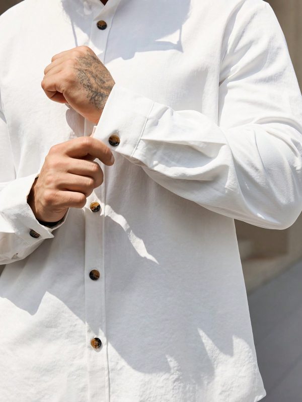 Men's Solid Color Button-Up Shirt And Pants Suit, Minimalist