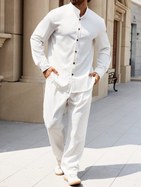 Men's Solid Color Button-Up Shirt And Pants Suit, Minimalist