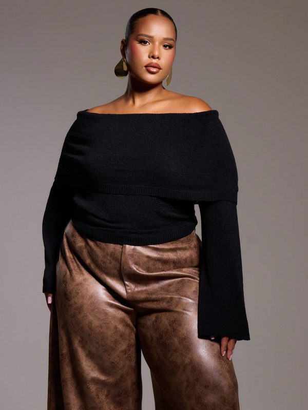 Plus Size Knitted Off The Shoulder Bardot Long Sleeve Jumper