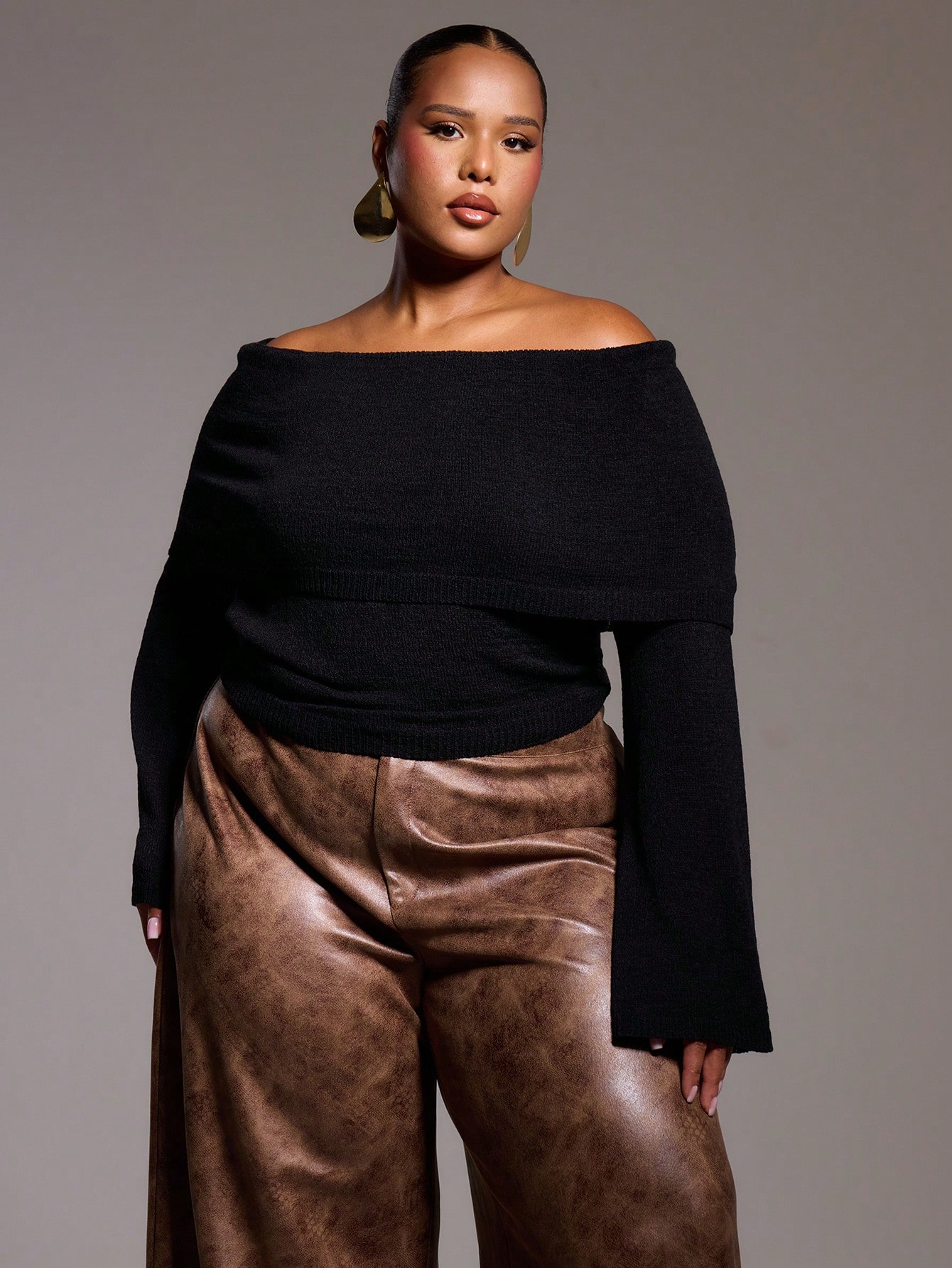 Plus Size Knitted Off The Shoulder Bardot Long Sleeve Jumper