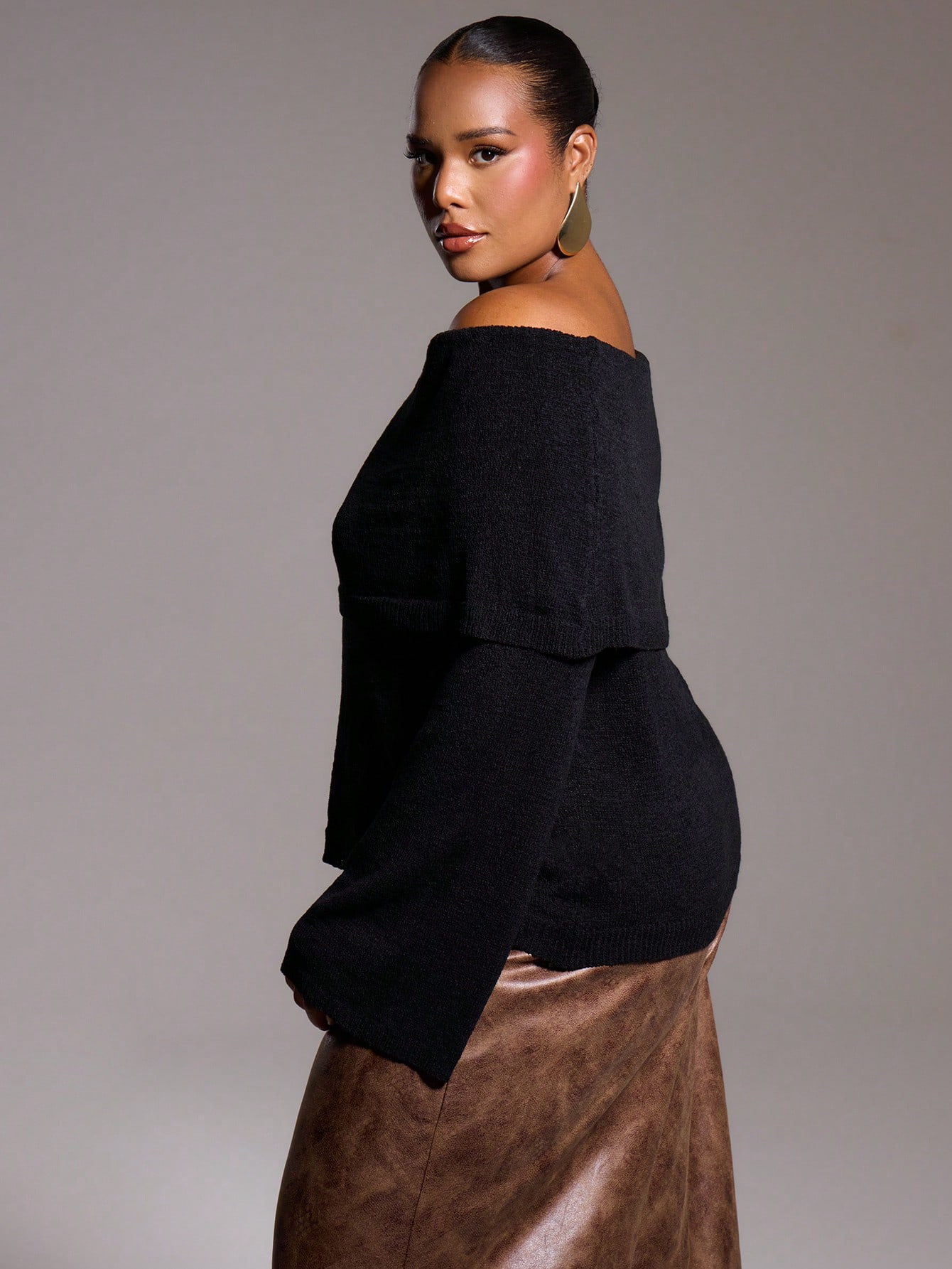 Plus Size Knitted Off The Shoulder Bardot Long Sleeve Jumper