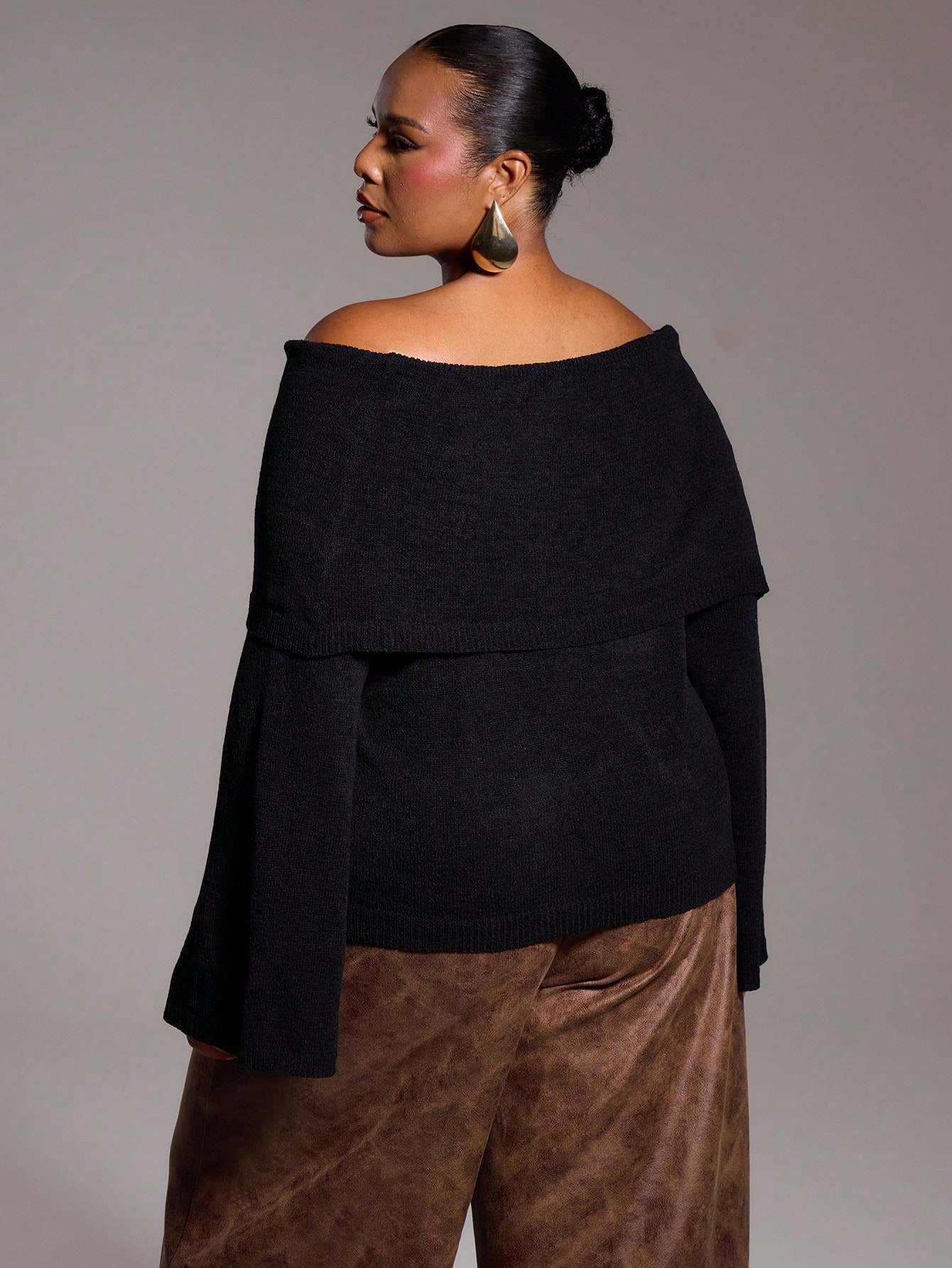 Plus Size Knitted Off The Shoulder Bardot Long Sleeve Jumper