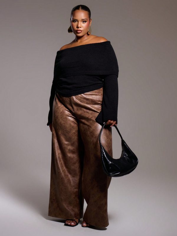 Plus Size Knitted Off The Shoulder Bardot Long Sleeve Jumper
