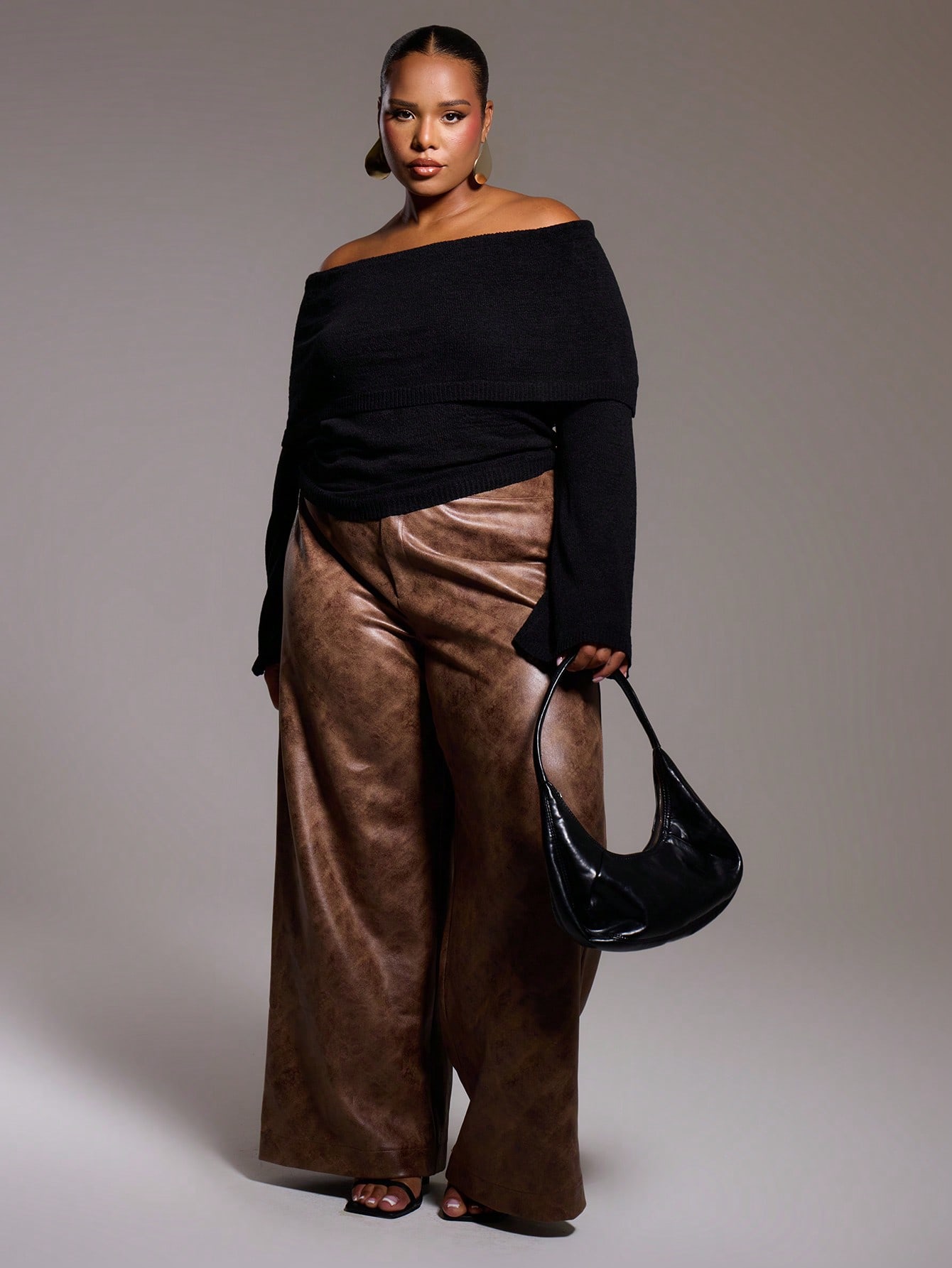 Plus Size Knitted Off The Shoulder Bardot Long Sleeve Jumper