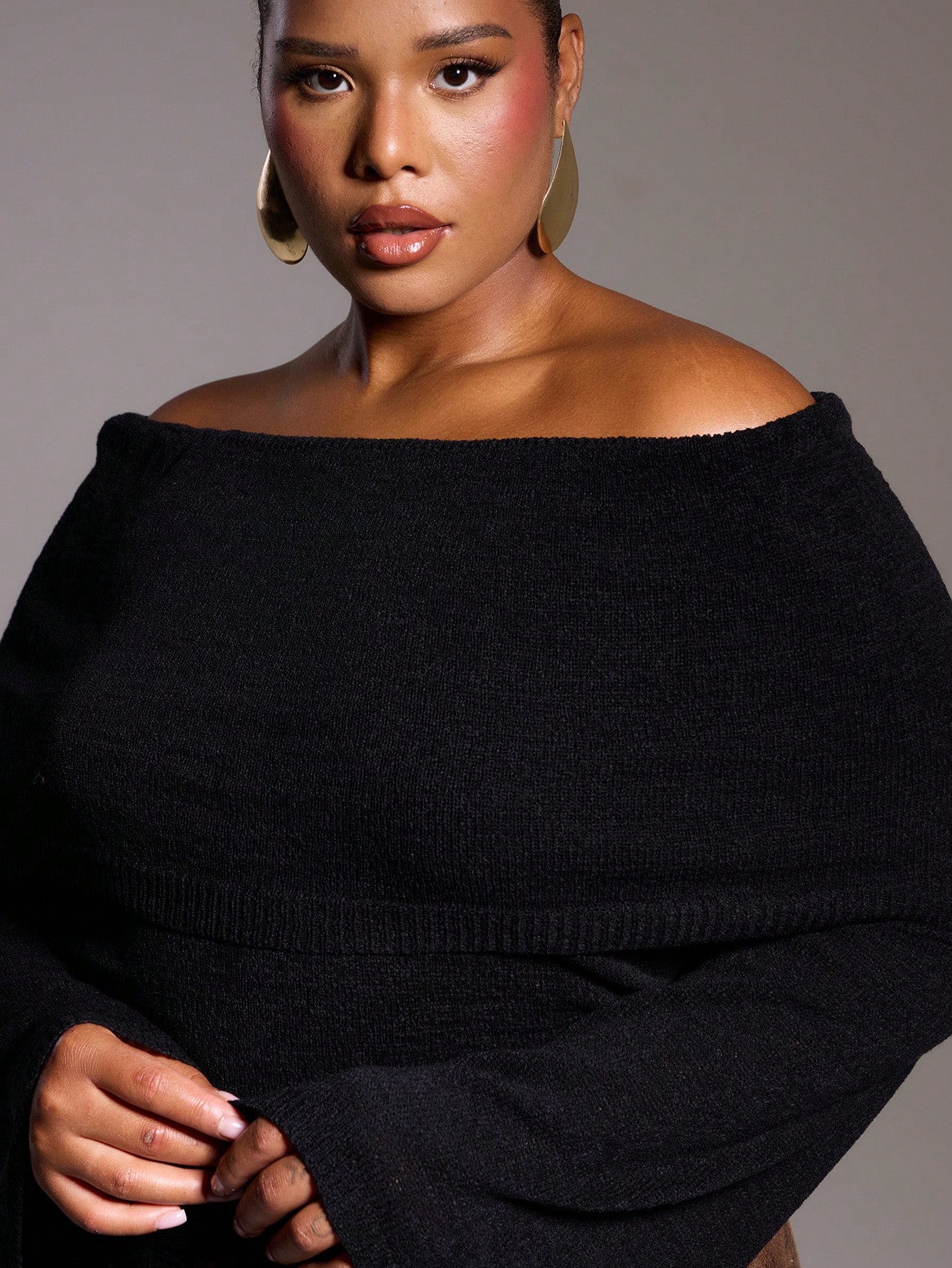 Plus Size Knitted Off The Shoulder Bardot Long Sleeve Jumper