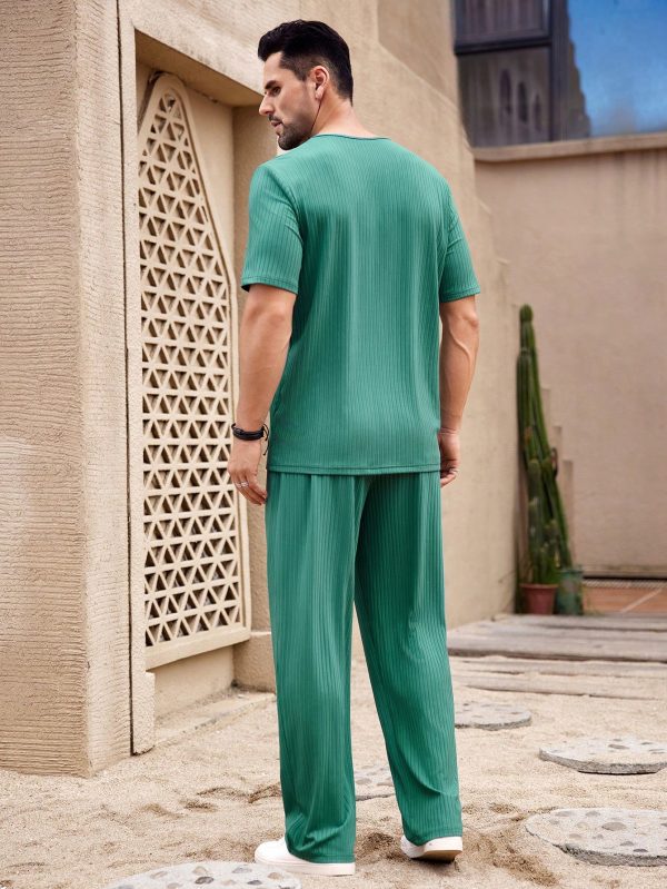 Men's Green Ribbed Knit Short Sleeve Top And Pants Set