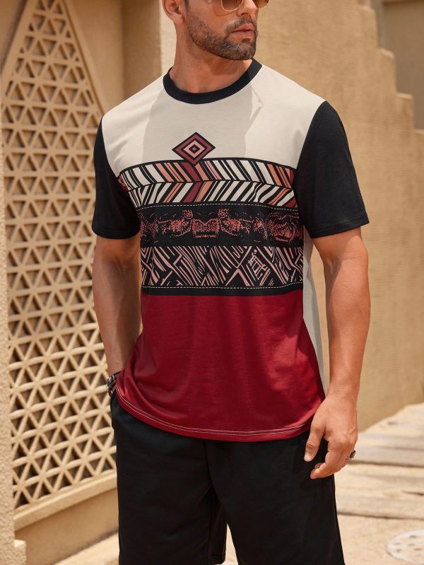 Men's Short Sleeve Round Neck Tee With Geometric Print, Summer