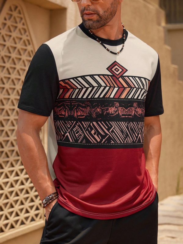 Men's Short Sleeve Round Neck Tee With Geometric Print, Summer