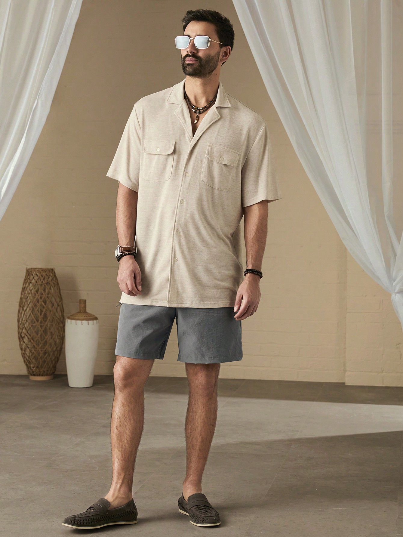 Men Solid Color Loose Fit Casual Shorts With Pockets, For Daily Wear