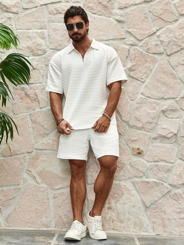Men's Textured Zipper Half Placket Short Sleeve T-Shirt And Shorts