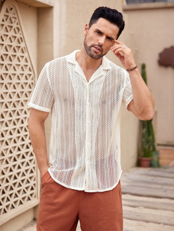 Men's Solid Color Hollow Out Short SleeveCollar Shirt