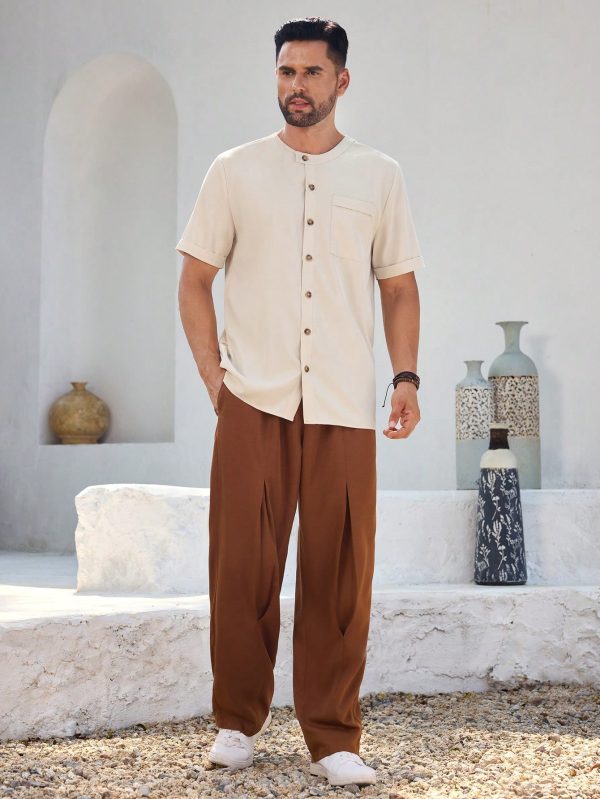2pcs Men's Solid Color Button Front Shirt And Lace-Up Pants Set