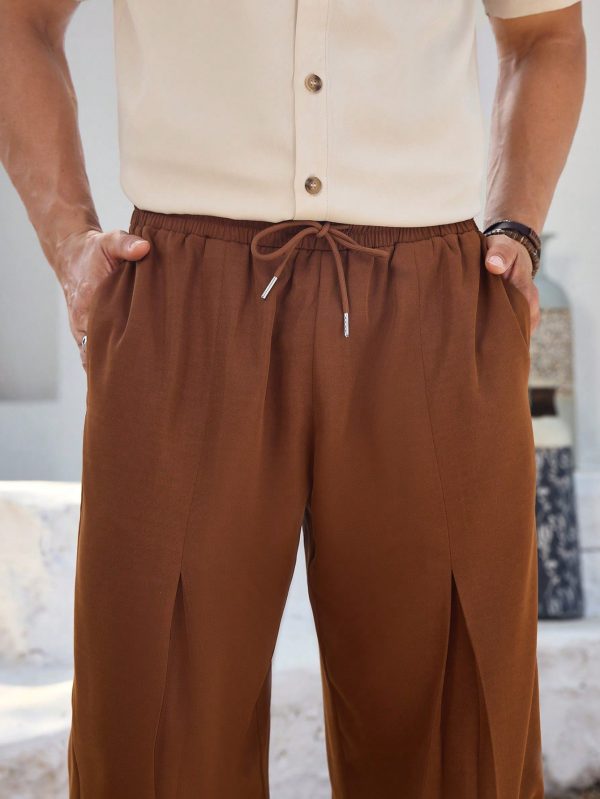 2pcs Men's Solid Color Button Front Shirt And Lace-Up Pants Set