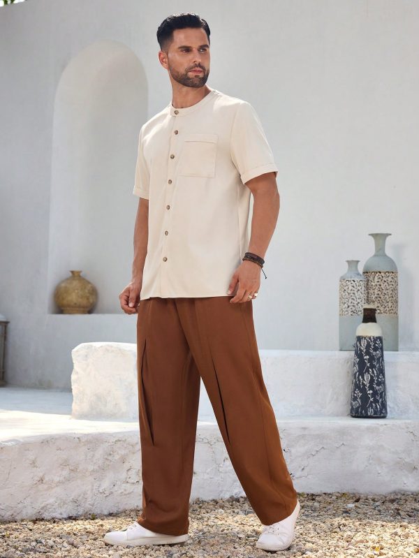 2pcs Men's Solid Color Button Front Shirt And Lace-Up Pants Set