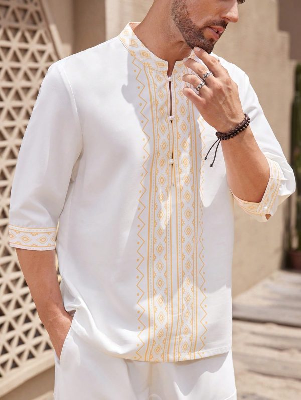 Men's Geometric Print Stand Collar Shirt And Pocket Shorts Casual 2-Piece Set