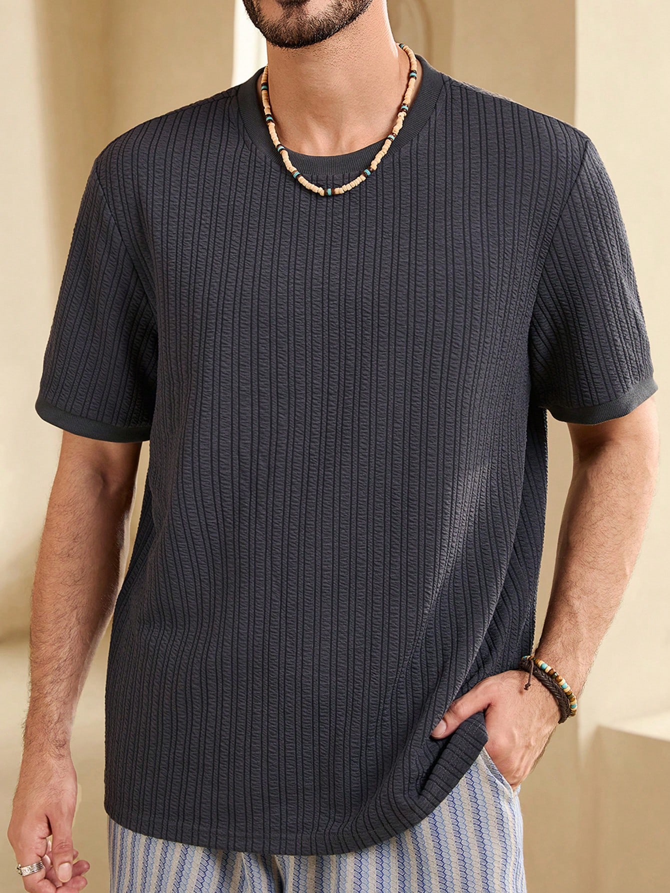 Men Summer Solid Color Round Neck Short Sleeve Casual T-Shirt