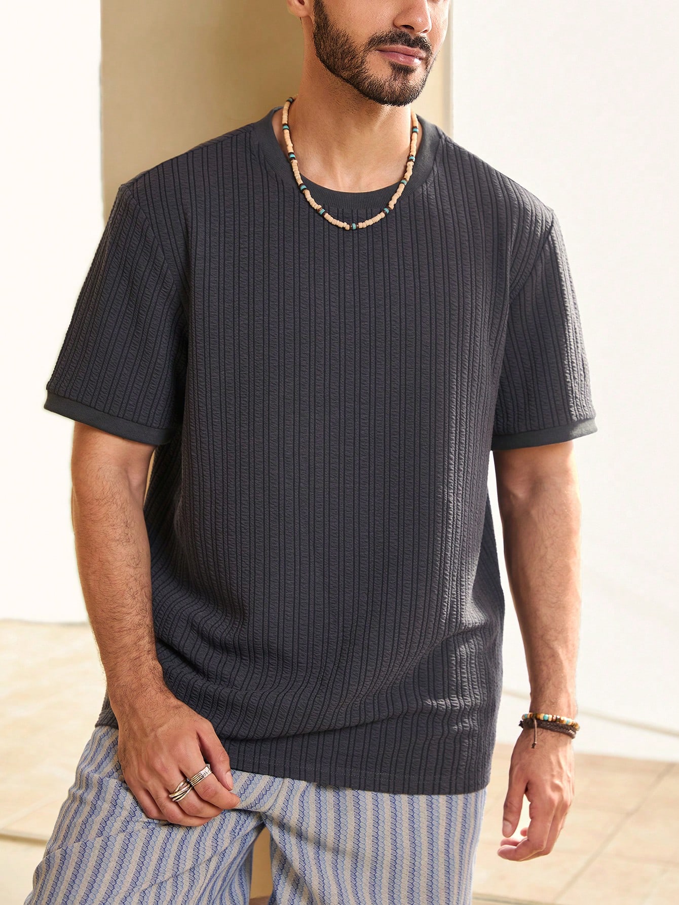 Men Summer Solid Color Round Neck Short Sleeve Casual T-Shirt