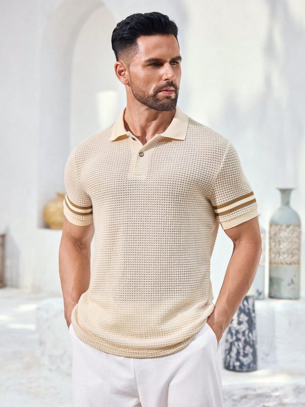 Men's Knitted Polo Shirt With Striped Cuffs, Soft And Breathable With Button Closure