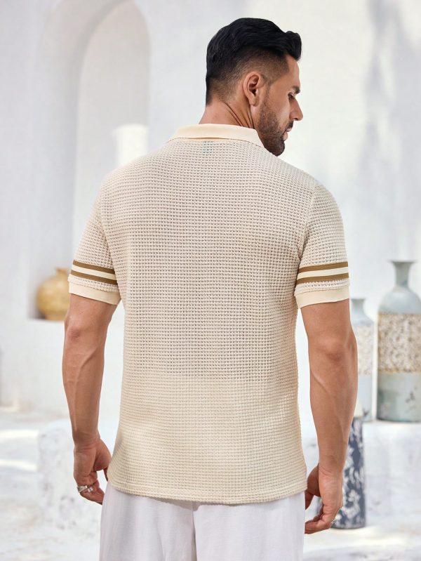 Men's Knitted Polo Shirt With Striped Cuffs, Soft And Breathable With Button Closure