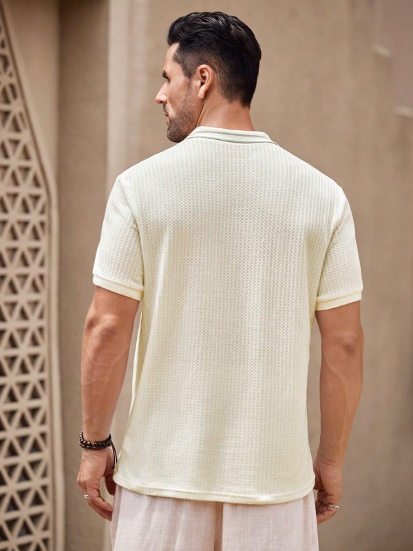 Men's White V-Neck Polo Shirt, Striped Collar