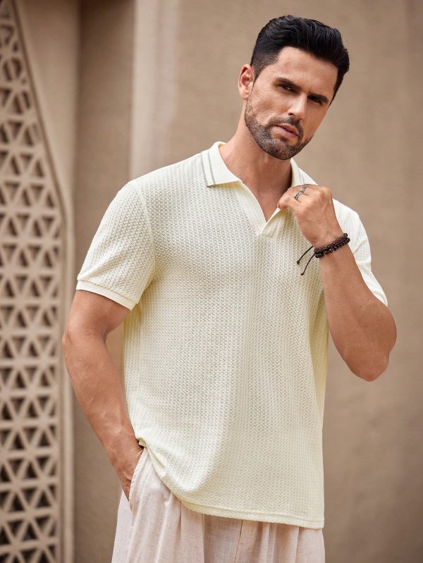 Men's White V-Neck Polo Shirt, Striped Collar
