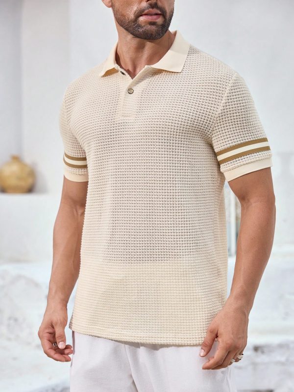 Men's Knitted Polo Shirt With Striped Cuffs, Soft And Breathable With Button Closure