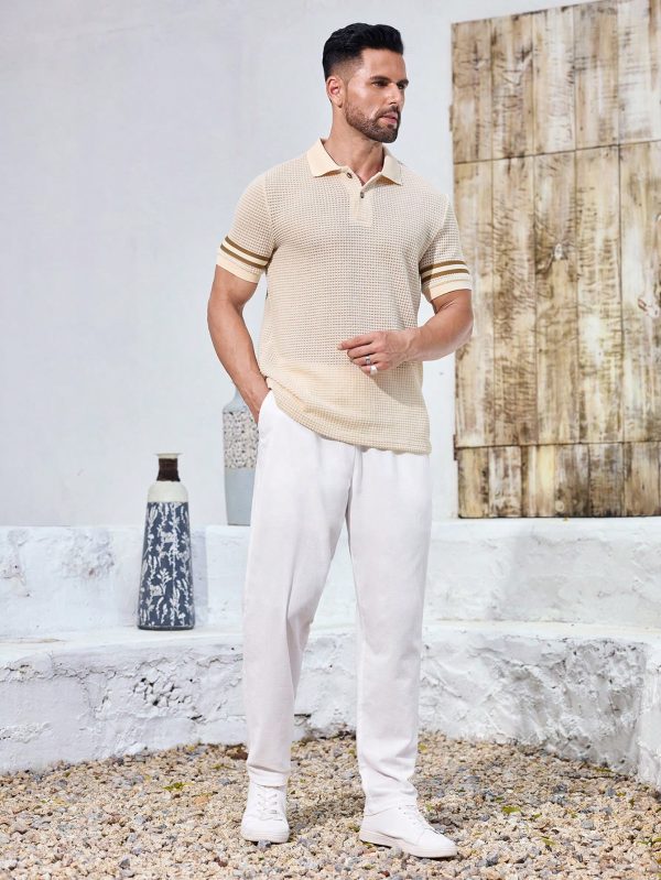 Men's Knitted Polo Shirt With Striped Cuffs, Soft And Breathable With Button Closure